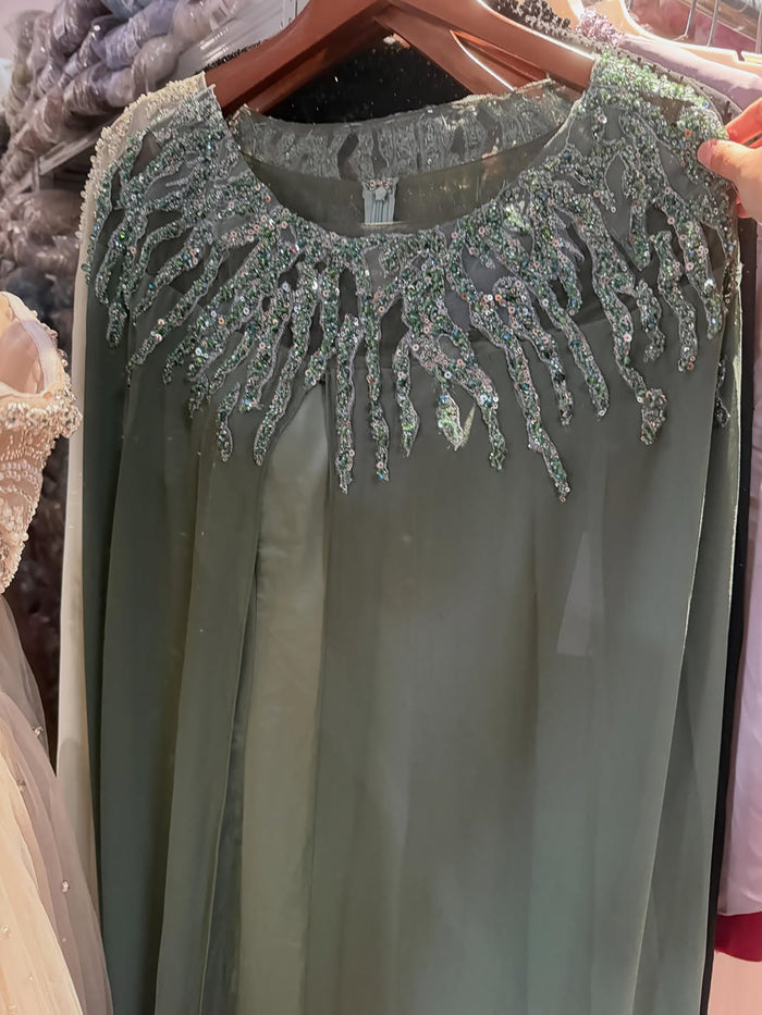 Luxury Green Beaded Cape Long Sleeve Satin Mermaid Dress LA73683 SERENE HILL