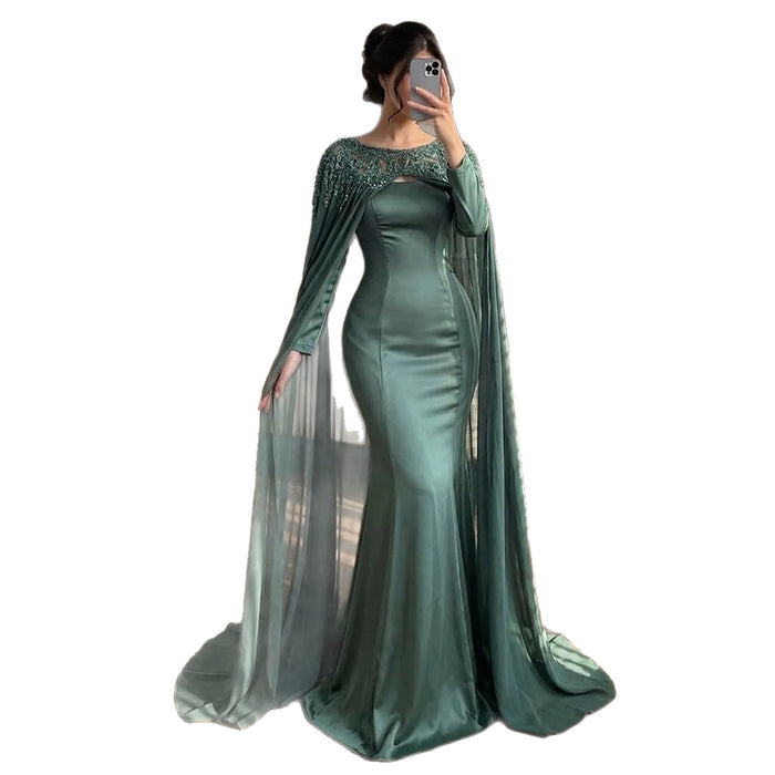 Luxury Green Beaded Cape Long Sleeve Satin Mermaid Dress LA73683 SERENE HILL