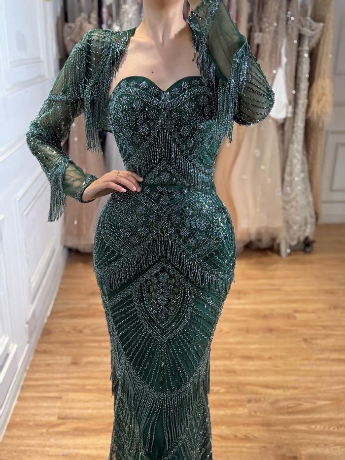 Luxury Dark Green Long Sleeve Beaded Tassel Mermaid Dress LA73804 SERENE HILL