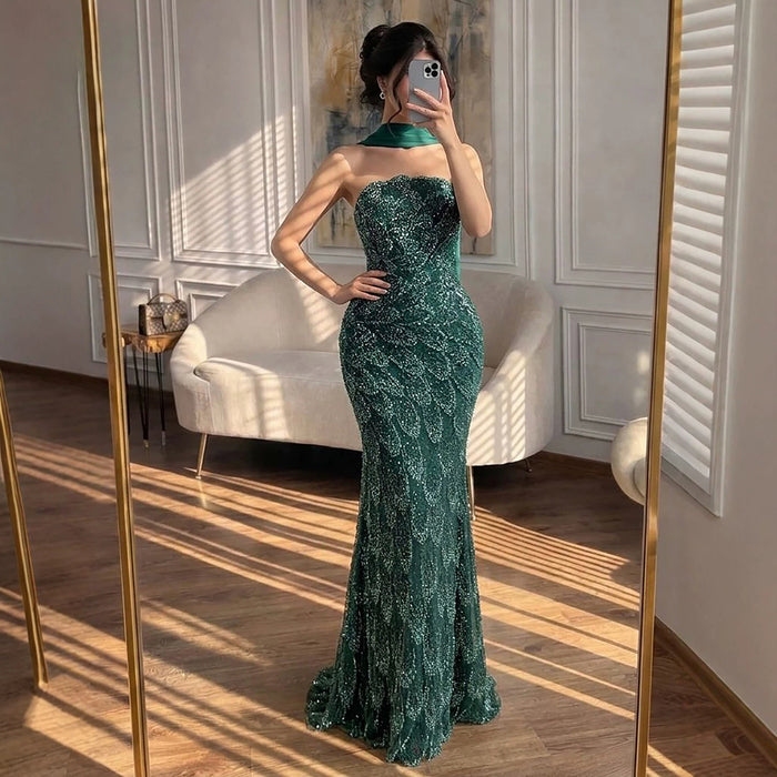 Luxury Green Strapless Beaded Mermaid Evening Dress LA73117A
