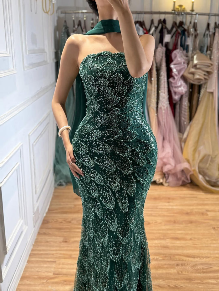 Luxury Green Strapless Beaded Mermaid Evening Dress LA73117A