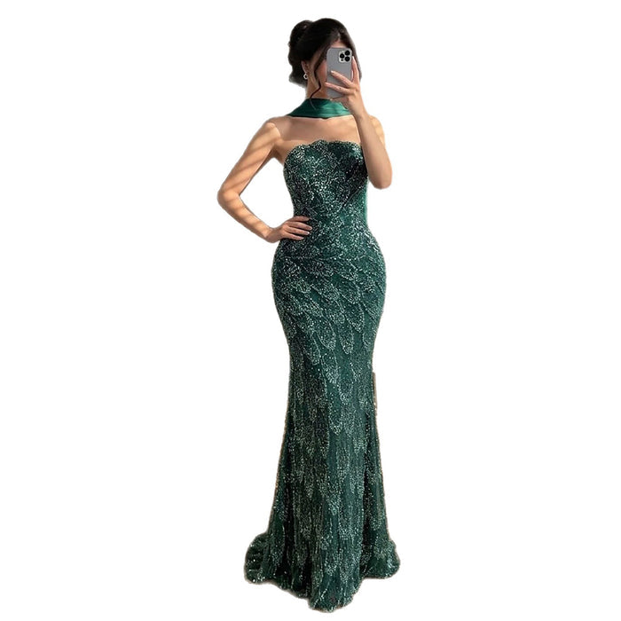 Luxury Green Strapless Beaded Mermaid Evening Dress LA73117A