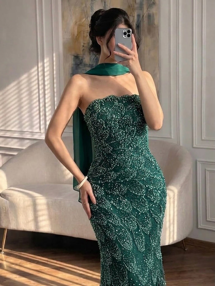 Luxury Green Strapless Beaded Mermaid Evening Dress LA73117A
