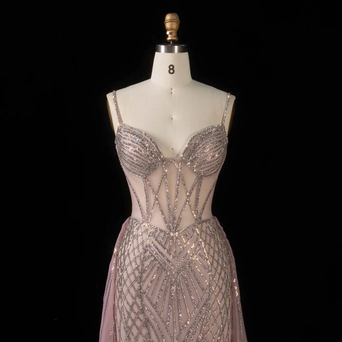 Luxury Illusion Corset Beaded Prom Dress with Detachable Organza Train SH056 Sheer Fairy