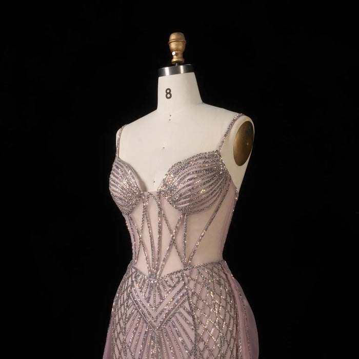 Luxury Illusion Corset Beaded Prom Dress with Detachable Organza Train SH056 Sheer Fairy