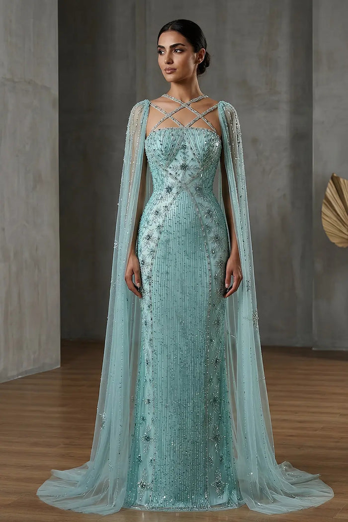 Luxury Lavender Beaded Mermaid Evening Gown with Detachable Cape Sleeves SS391 Sheer Fairy