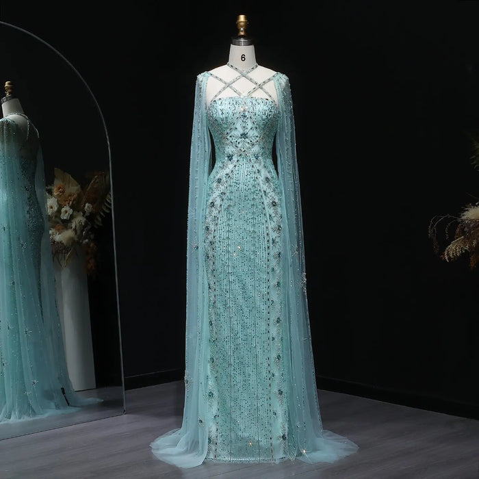 Luxury Lavender Beaded Mermaid Evening Gown with Detachable Cape Sleeves SS391 Sheer Fairy