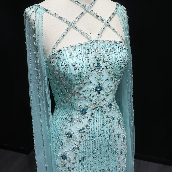 Luxury Lavender Beaded Mermaid Evening Gown with Detachable Cape Sleeves SS391 Sheer Fairy