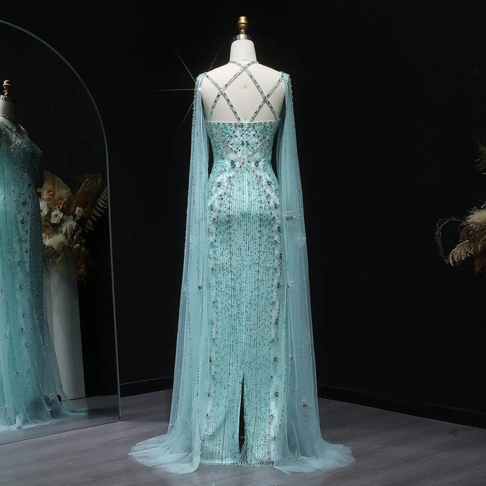 Luxury Lavender Beaded Mermaid Evening Gown with Detachable Cape Sleeves SS391 Sheer Fairy