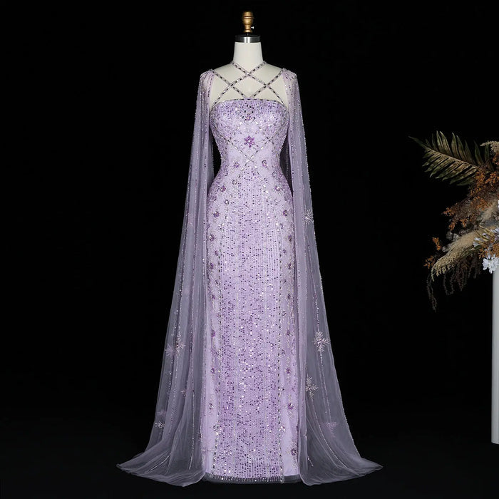 Luxury Lavender Beaded Mermaid Evening Gown with Detachable Cape Sleeves SS391 Sheer Fairy