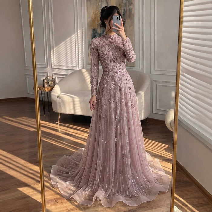Luxury Pink Beaded Long Sleeve High Neck A Line Evening Dress LA73363 SERENE HILL