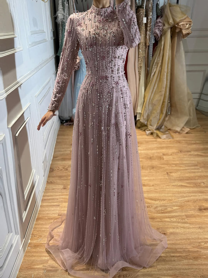 Luxury Pink Beaded Long Sleeve High Neck A Line Evening Dress LA73363 SERENE HILL