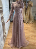 Luxury Pink Beaded Long Sleeve High Neck A Line Evening Dress LA73363 SERENE HILL
