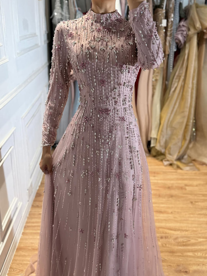 Luxury Pink Beaded Long Sleeve High Neck A Line Evening Dress LA73363 SERENE HILL