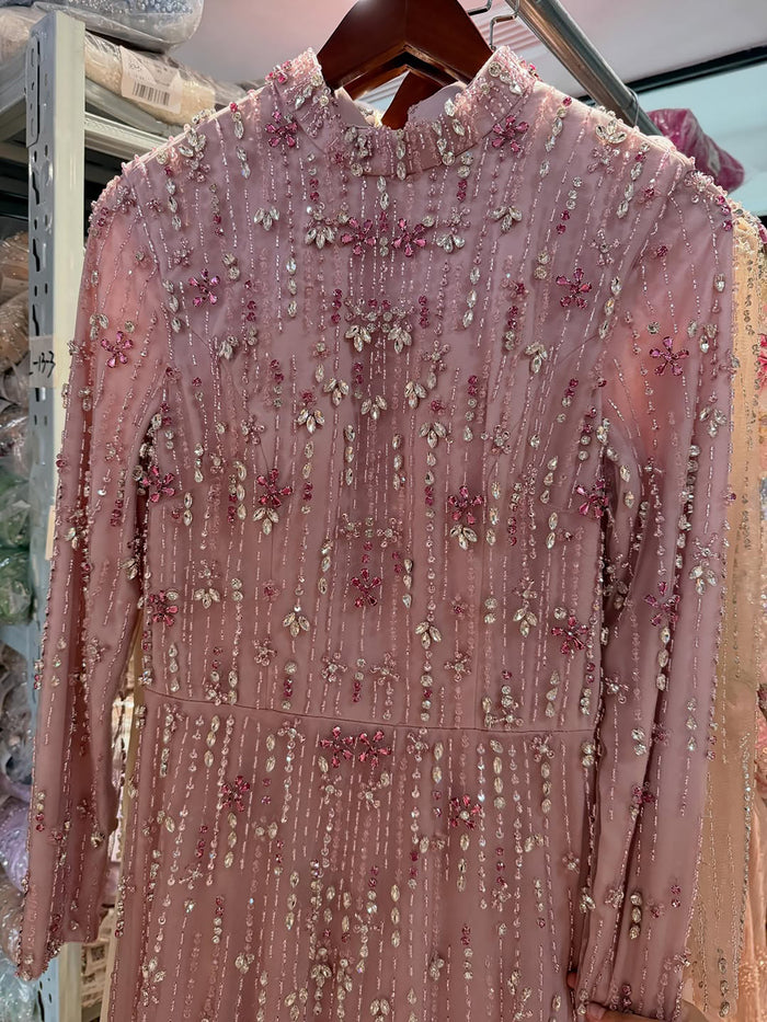 Luxury Pink Beaded Long Sleeve High Neck A Line Evening Dress LA73363 SERENE HILL