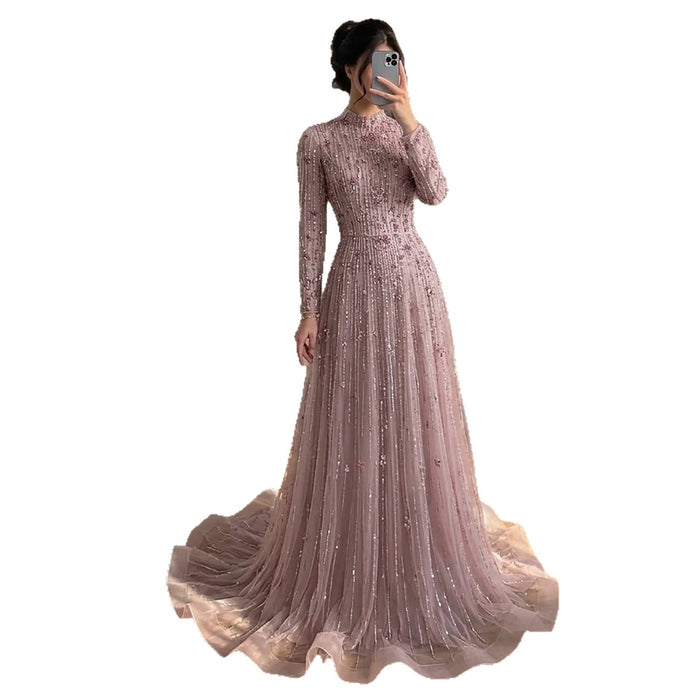 Luxury Pink Beaded Long Sleeve High Neck A Line Evening Dress LA73363 SERENE HILL
