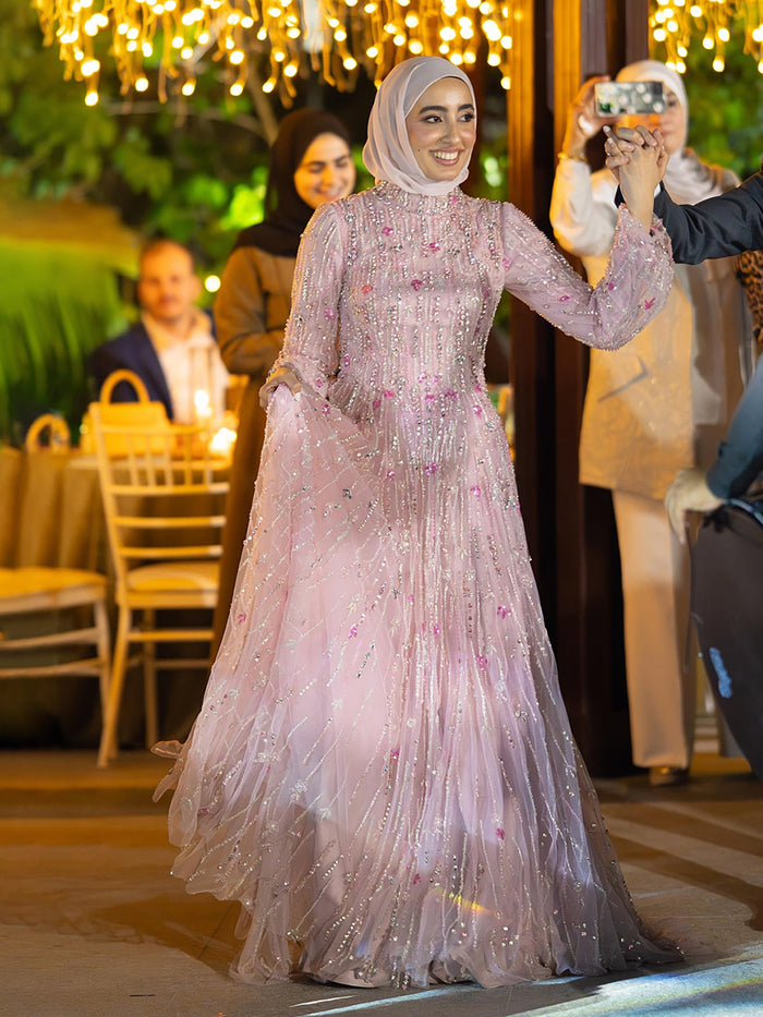 Luxury Pink Beaded Long Sleeve High Neck A Line Evening Dress LA73363 SERENE HILL