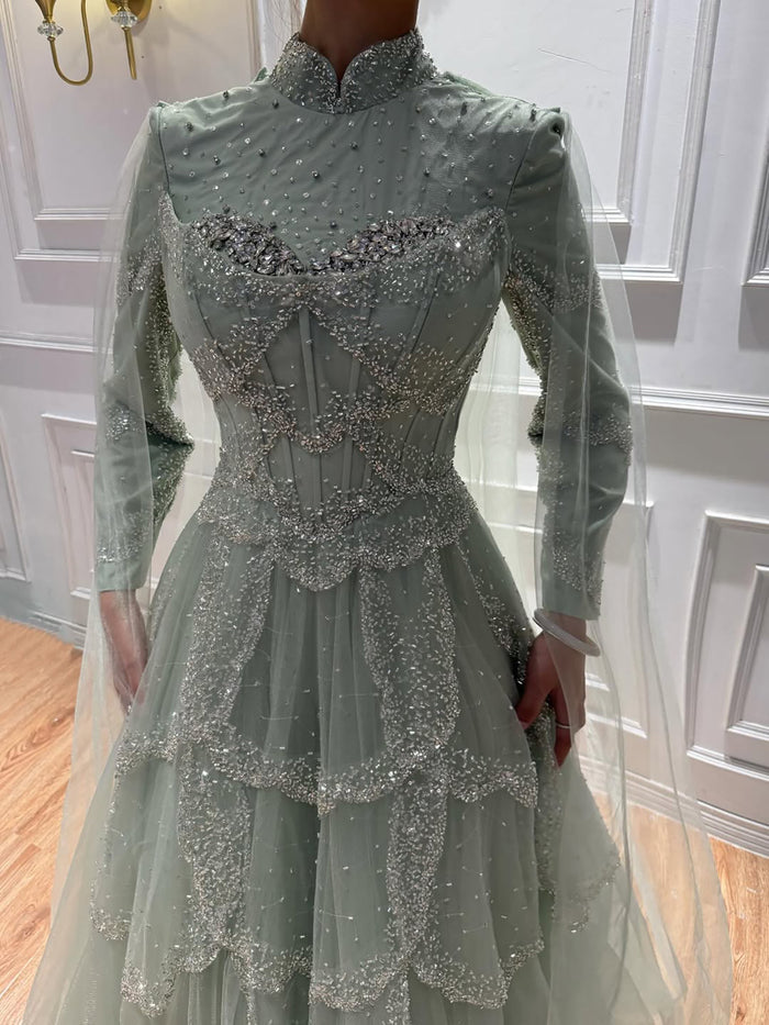 Luxury Modest  Sage Green Beaded Evening Dress with Cape LA72605B