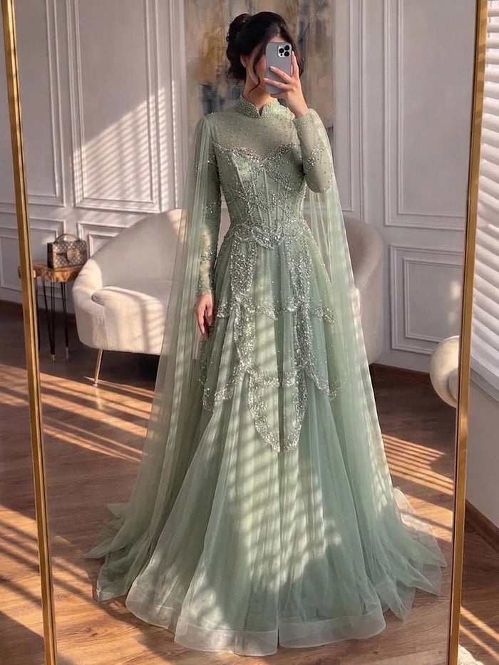 Luxury Sage Green Beaded Evening Dress with Cape LA72605B - SERENE  HILL