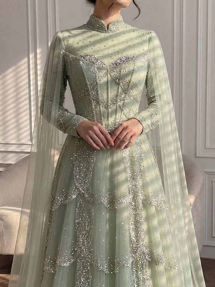 Luxury Sage Green Beaded Evening Dress with Cape LA72605B - SERENE  HILL