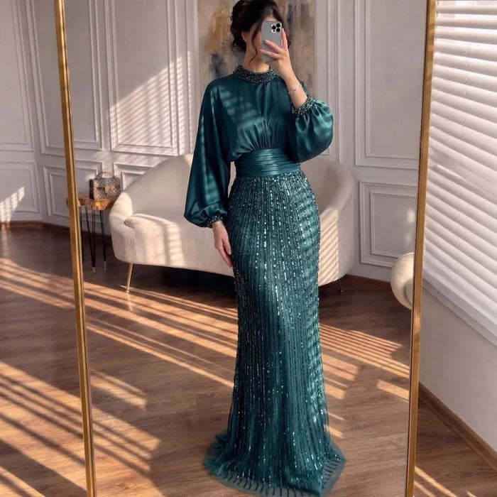 Luxury Muslim Green Satin Beaded Mermaid Evening Dress LA73676 - SERENE  HILL