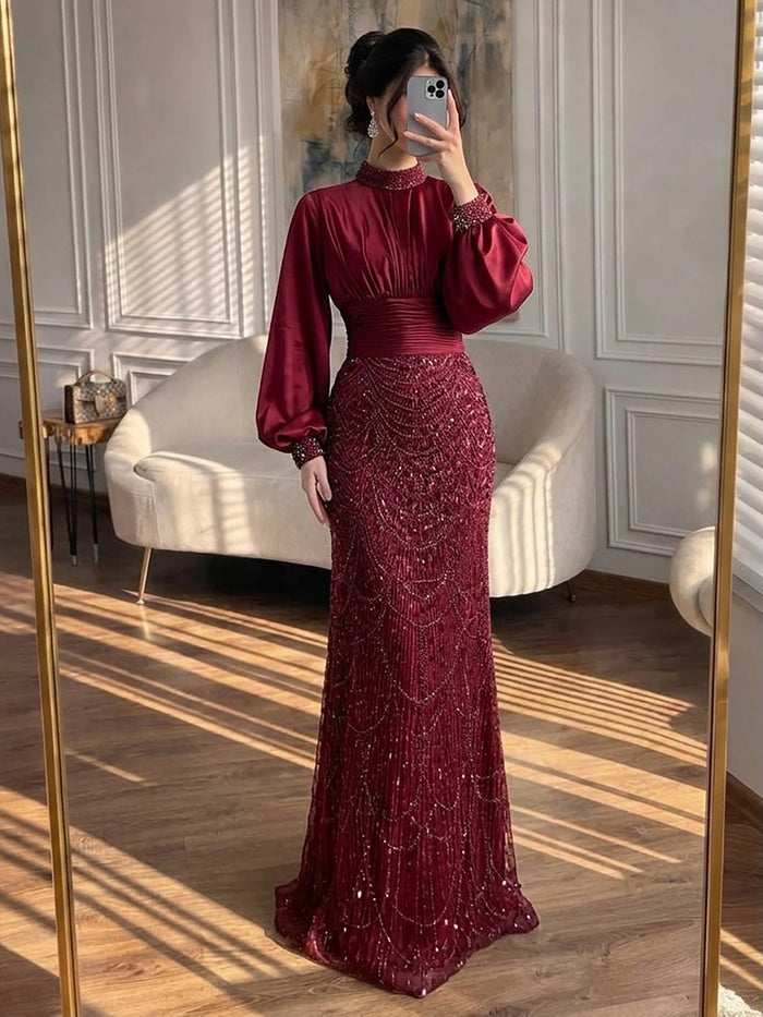 Luxury Muslim Green Satin Beaded Mermaid Evening Dress LA73676 SERENE HILL