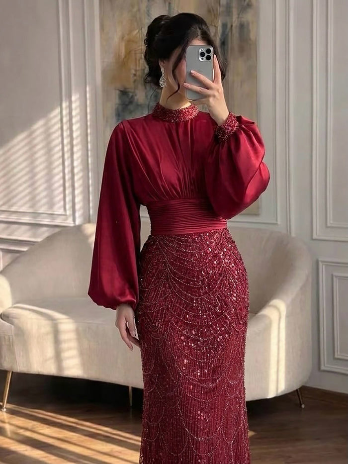 Luxury Muslim Green Satin Beaded Mermaid Evening Dress LA73676 SERENE HILL