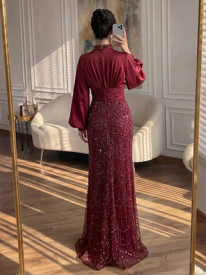 Luxury Muslim Green Satin Beaded Mermaid Evening Dress LA73676 SERENE HILL