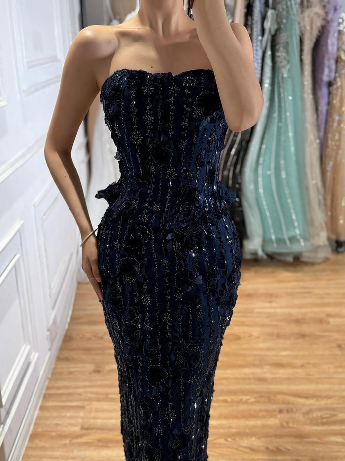 Luxury Navy Blue 3D Floral Beaded Mermaid Gown LA73777 SERENE HILL