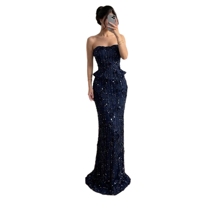Luxury Navy Blue 3D Floral Beaded Mermaid Gown LA73777 SERENE HILL