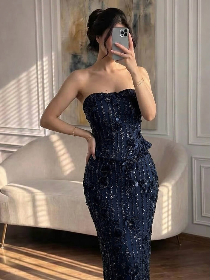 Luxury Navy Blue 3D Floral Beaded Mermaid Gown LA73777 SERENE HILL