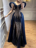 Luxury Navy Blue Beaded Evening Dress with Slit LA73602 - SERENE  HILL