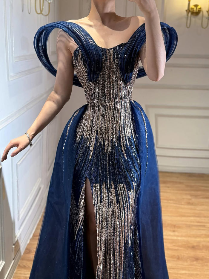 Luxury Navy Blue Beaded Evening Dress with Slit LA73602 - SERENE  HILL