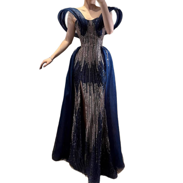 Luxury Navy Blue Beaded Evening Dress with Slit LA73602 - SERENE  HILL