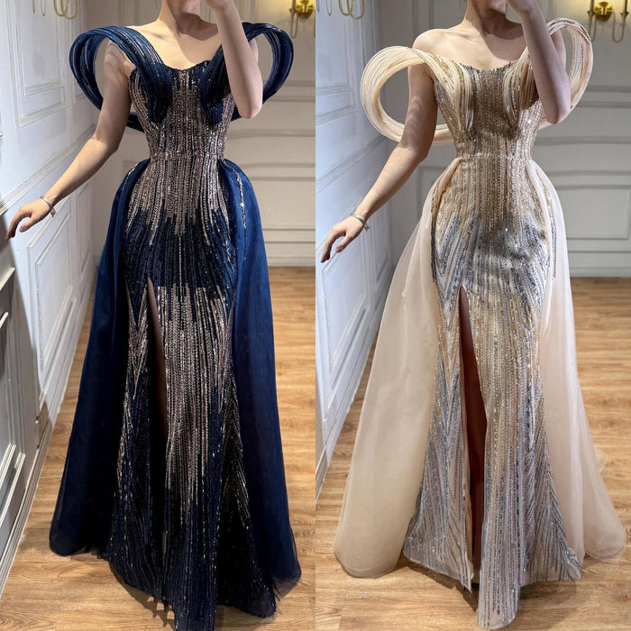 Luxury Navy Blue Beaded Evening Dress with Slit LA73602 - SERENE  HILL