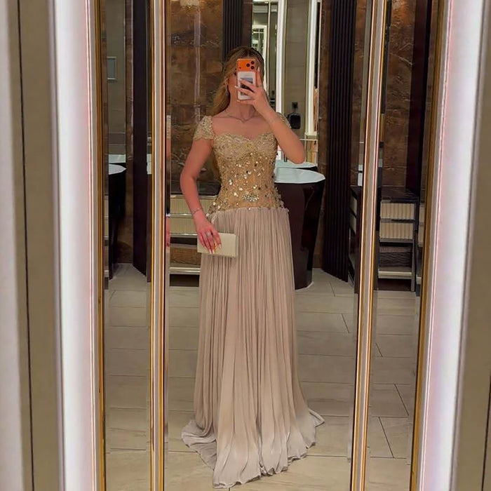 Luxury Cream Beaded Cap Sleeves Pleated Evening Dress LA73762 SERENE HILL