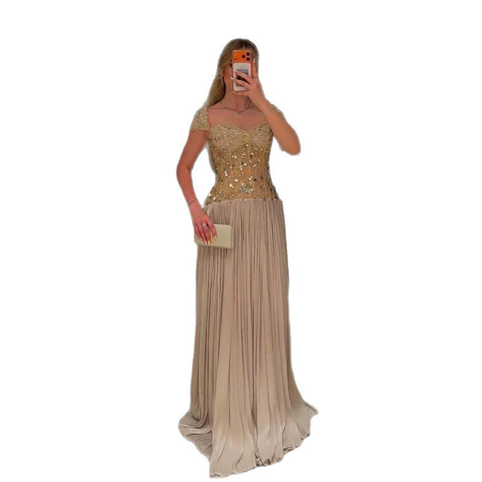 Luxury Cream Beaded Cap Sleeves Pleated Evening Dress LA73762 SERENE HILL