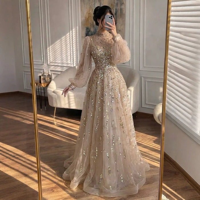 Luxury Nude Beaded High Neck Lantern Sleeve A-Line Dress LA73711A SERENE HILL