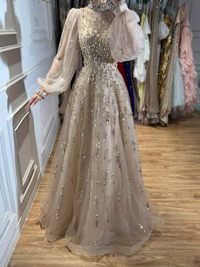 Luxury Nude Beaded High Neck Lantern Sleeve A-Line Dress LA73711A SERENE HILL