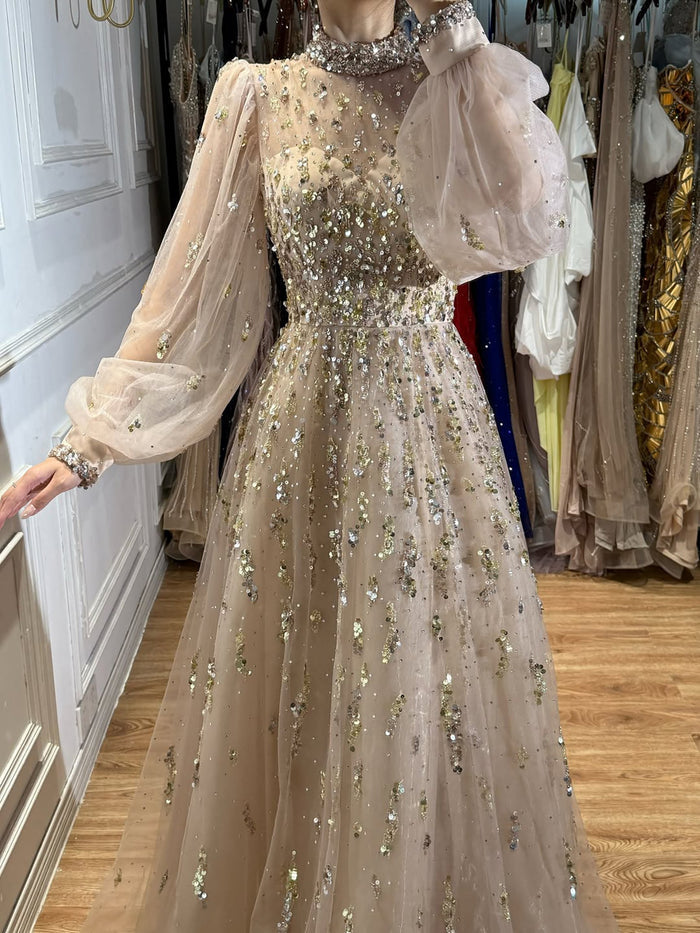 Luxury Nude Beaded High Neck Lantern Sleeve A-Line Dress LA73711A SERENE HILL