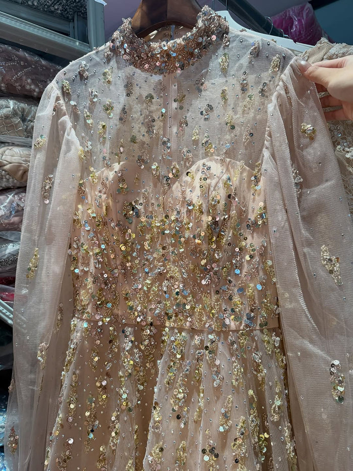Luxury Nude Beaded High Neck Lantern Sleeve A-Line Dress LA73711A SERENE HILL