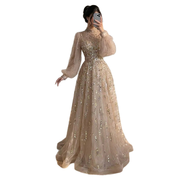 Luxury Nude Beaded High Neck Lantern Sleeve A-Line Dress LA73711A SERENE HILL