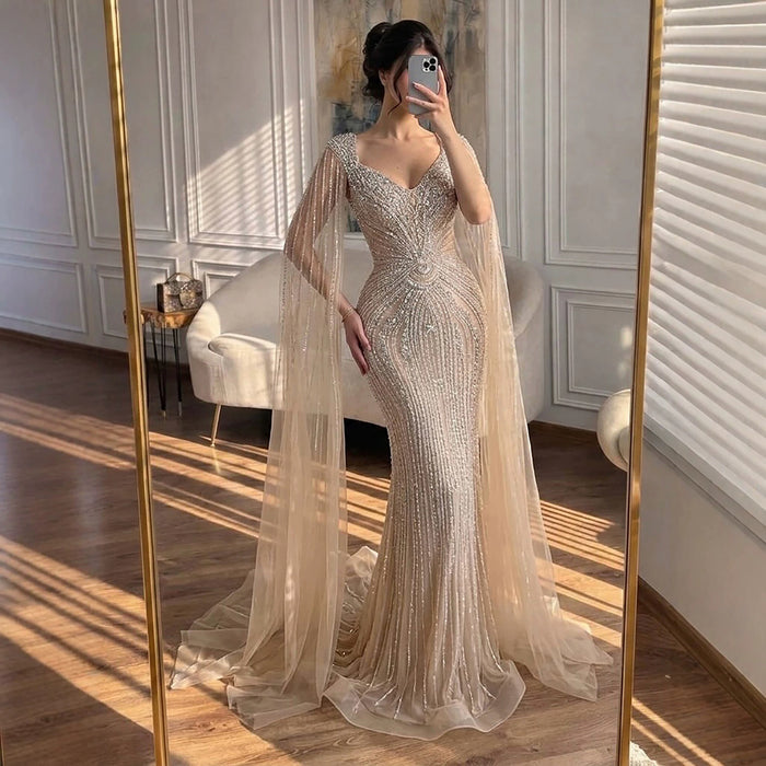 Luxury Nude Beaded Mermaid Evening Dress with Cape LA73741 SERENE HILL