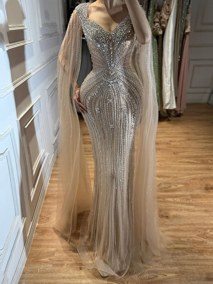 Luxury Nude Beaded Mermaid Evening Dress with Cape LA73741 SERENE HILL