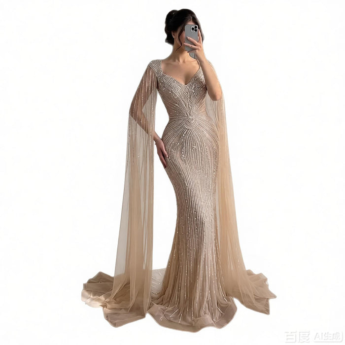 Luxury Nude Beaded Mermaid Evening Dress with Cape LA73741 SERENE HILL