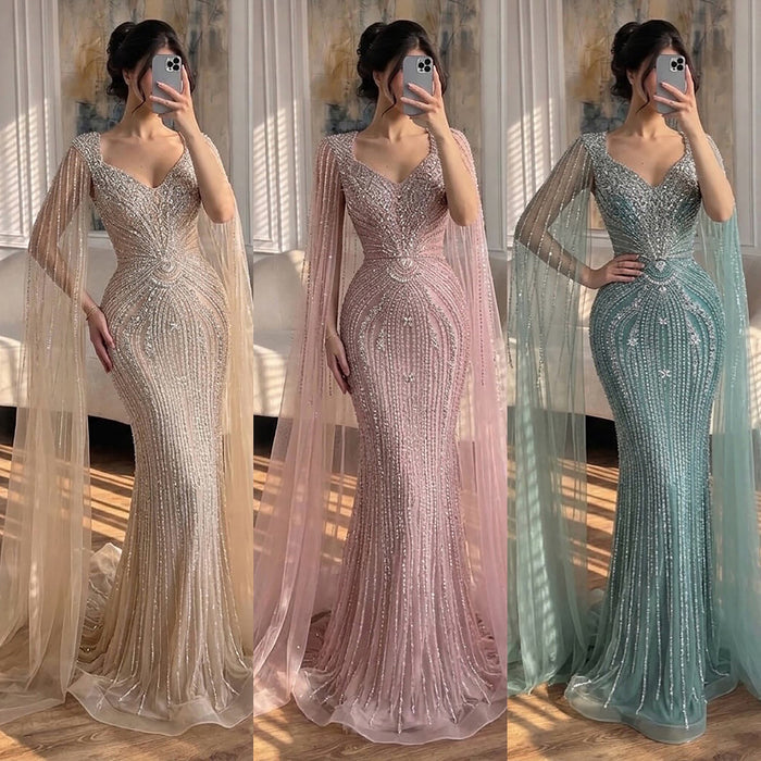 Luxury Nude Beaded Mermaid Evening Dress with Cape LA73741 SERENE HILL