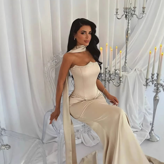 Luxury Nude Beaded Mermaid Prom Dress with Silk Scarf LA73669