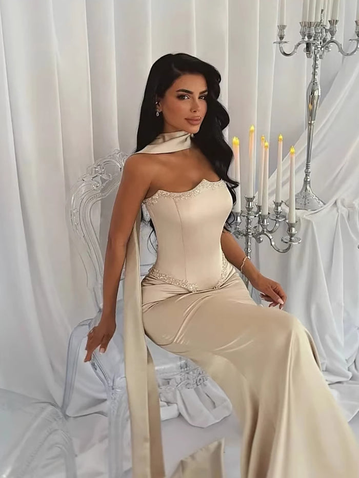 Luxury Nude Beaded Mermaid Prom Dress with Silk Scarf LA73669