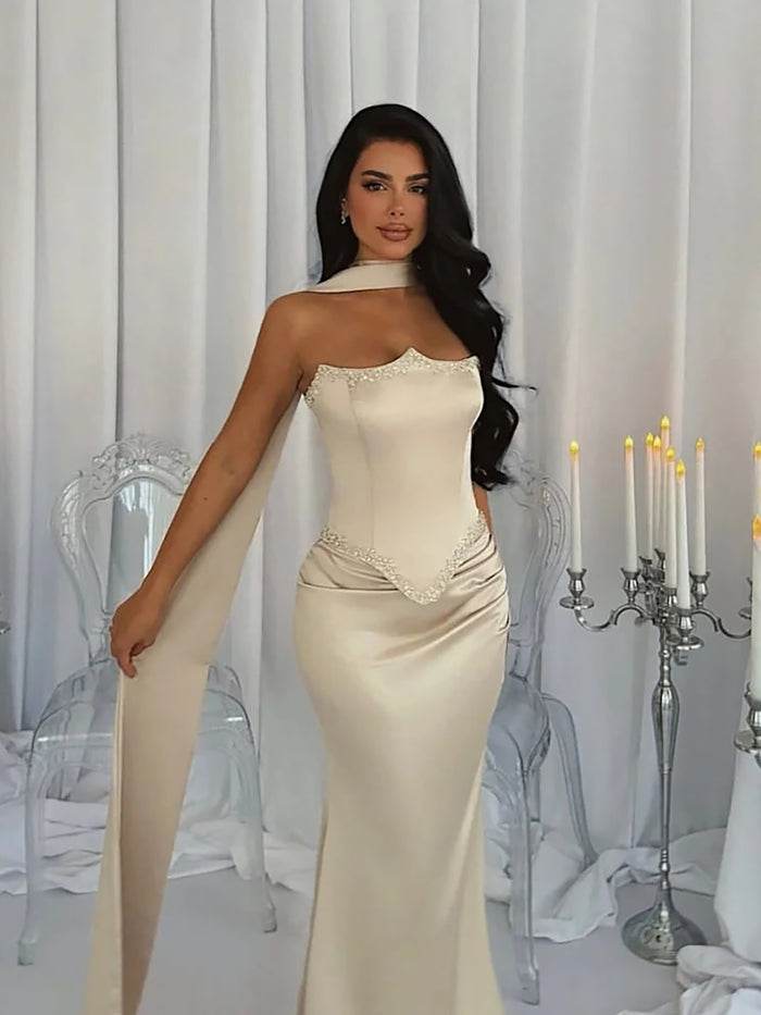 Luxury Nude Beaded Mermaid Prom Dress with Silk Scarf LA73669