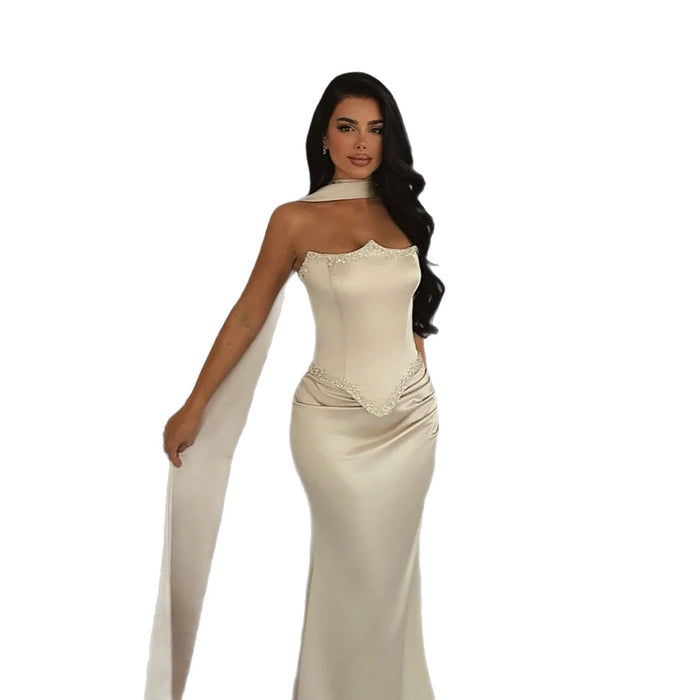 Luxury Nude Beaded Mermaid Prom Dress with Silk Scarf LA73669